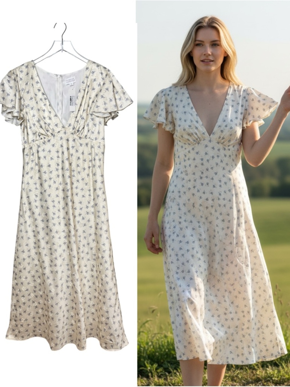 NWT Morning Lavender Marianne Ivory Blue Floral Satin Slip Midi Dress Sz XL